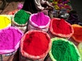 Large bags of powder for holi at the spice market of chandni chowk