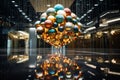 a large ball of colored balloons hanging from the ceiling Royalty Free Stock Photo