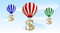 Large balloons lift the symbols of dollar upwards