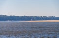 Large barge rounds sandbank of Mississippi river in October 2023 Royalty Free Stock Photo