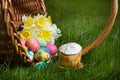 A large basket with colorful Easter eggs, Easter cake