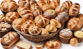 Large basket full of assorted breads isolated on white background