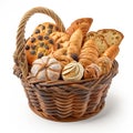 Large basket full of assorted breads isolated on white background. Ai generated art Royalty Free Stock Photo