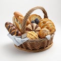 Large basket full of assorted breads isolated on white background. Ai generated art Royalty Free Stock Photo