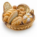 Large basket full of assorted breads isolated on white background. Ai generated art Royalty Free Stock Photo