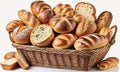 Large basket full of assorted breads isolated on white background