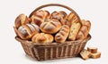 Large basket full of assorted breads isolated on white background