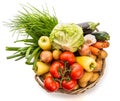 Large basket of vegetables. View from above. Potatoes, tomatoes, onions, cabbage, paprika, zucchini, eggplant.