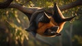 Solitary Grey Headed Flying Fox Hangs Upside Down From Tree Branch at Sunset Royalty Free Stock Photo