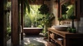 a large bathtub in a light-filled, cozy bathroom in a home