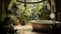 a large bathtub in a light-filled, cozy bathroom in a home