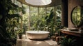 a large bathtub in a light-filled, cozy bathroom in a home