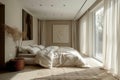 Large, beautiful bedroom with a magnificent design in beige tones, a luxurious double bed with pillows and a blanket, a