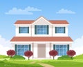 Large beautiful country house, villa, cottage. Vector illustration of a modern new home on a landscape background. Concept