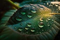 Large beautiful drops of transparent rain water on a green leaf macro. Drops of dew in the morning glow in the sun. Beautiful leaf Royalty Free Stock Photo