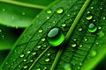 Large beautiful drops of transparent rain water on a green leaf macro. Droplets of water, generative ai Royalty Free Stock Photo