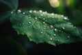 Large beautiful drops of transparent rain water on a green leaf macro Drops of dew in the morning glow. Generative AI Royalty Free Stock Photo