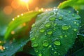 Large beautiful drops of transparent rain water on a green leaf macro