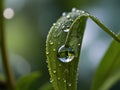 Large beautiful drops of transparent rain water on a green leaf macro.