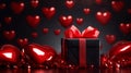 A large beautiful gift with a red bow on a black background with red glossy hearts. Gift with love Royalty Free Stock Photo