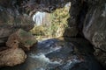 a large beautiful grotto from which the atysh waterfall flows. Bashkortostan.