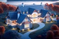 large beautiful homes and farms, brilliantly bright fiber optic cable networking along the ground connecting house to house, rural Royalty Free Stock Photo