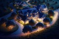 large beautiful homes and farms, brilliantly bright fiber optic cable networking along the ground connecting house to house, rural Royalty Free Stock Photo