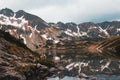 Large beautiful lake surrounded by high mountains covered with s