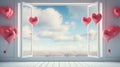 Large beautiful opened window with heart-shaped balloons Royalty Free Stock Photo