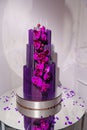 Large and beautiful purple three-tiered cake with flowers. Royalty Free Stock Photo