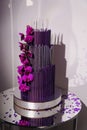 Large and beautiful purple three-tiered cake with flowers. Royalty Free Stock Photo