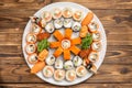 A large beautiful sushi set with maki rolls, nigiri and gunkans Royalty Free Stock Photo