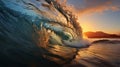 Large beautiful Wave Tube with translucent blue water and sunset light through the surface with foam inside the big splash - AI