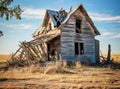 A large beautiful wooden two story abandoned farm house with peeling paint and broken windows in a rural summer Royalty Free Stock Photo