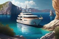 A large beautiful yacht is moored in a beautiful bay with turquoise clear water. Generative ai