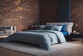 a large bed with blue comforters and pillows in a bedroom Royalty Free Stock Photo