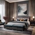 a large bed is sitting next to an art deco wall Royalty Free Stock Photo