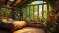 a large bedroom filled with plants, in the style of nature painter