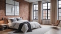 A large bedroom interior in the loft style featuring brick walls and big windows Royalty Free Stock Photo