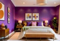 A large bedroom with a purple accent wall