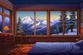 large bedroom window in a cabin offering snow-capped views, magazine style illustration