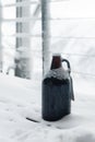 Large beer bottle sitting outside in the snow Royalty Free Stock Photo