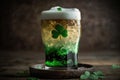 Large beer glass with green ale and shamrock. St.Patrick \'s Day. Photorealistic illustration generated by AI