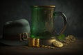 Large beer mug with green ale and leprechaun hat. St.Patrick \'s Day. Photorealistic illustration generated by AI Royalty Free Stock Photo