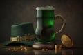Large beer mug with green ale and leprechaun hat. St.Patrick \'s Day. Photorealistic illustration generated by AI