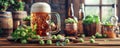 Large beer mug with herbs and hop leaves on blurred background with more glass bottles