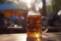 Large beer mug on table of outdoor fstival