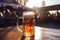 Large beer mug on table of outdoor fstival