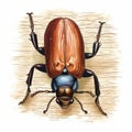 Large beetle on top of wood. The insect has red and black colors with long legs. It appears to be resting or walking on Royalty Free Stock Photo