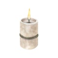 A large beige candle tied with twine with a flame. Hand drawn watercolor illustration. Isolated object on a white